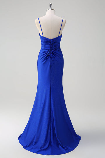 Glitter Royal Blue Mermaid Spaghetti Straps Ruched Long Formal Dress With Slit